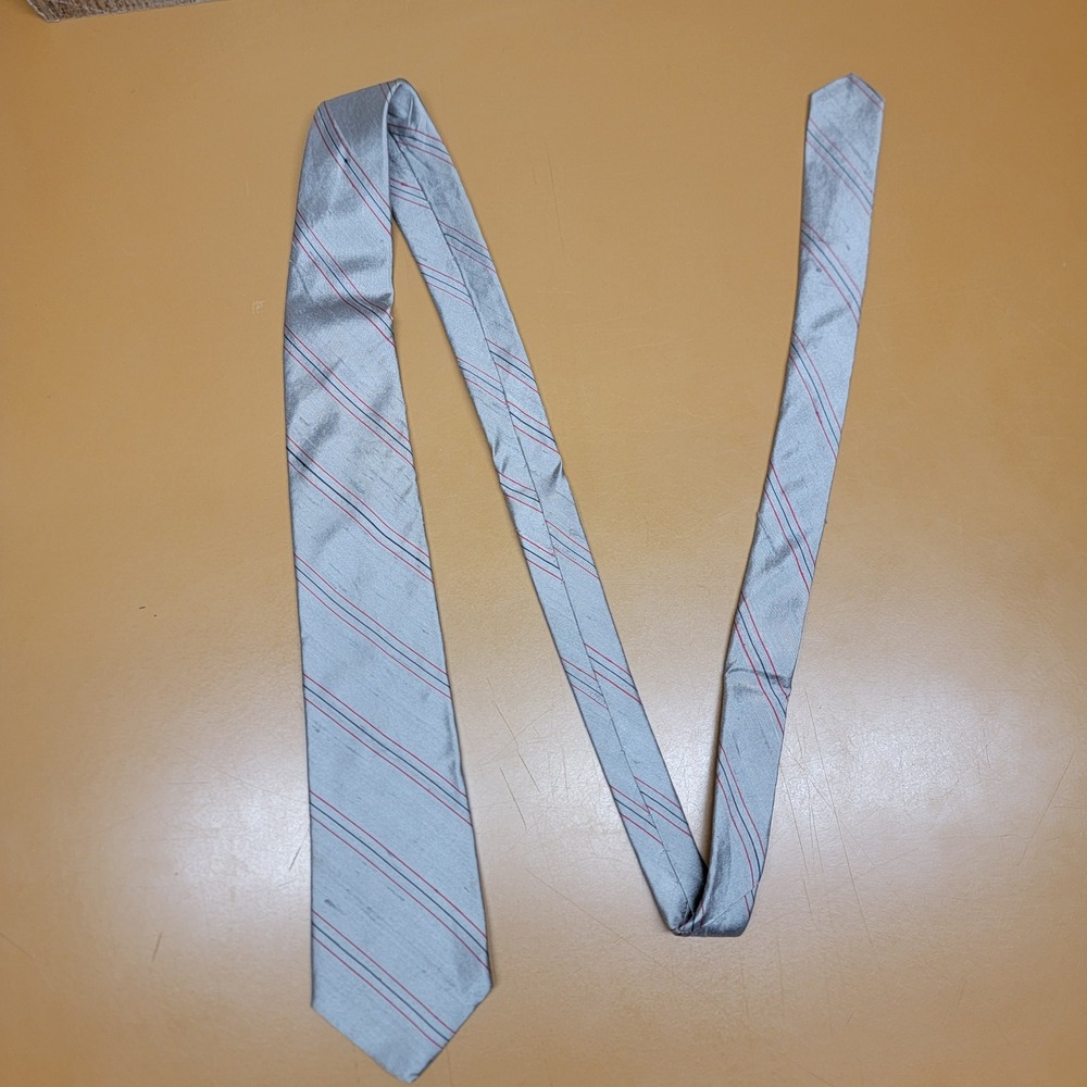 Schrader & May Mens Silver Red Blue Stripe Silk Blend Necktie Charleston WV